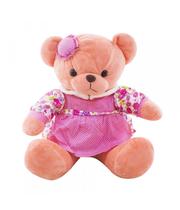 Ursa Cor Salmão Sentada De Vestido Florido E Chapeuzinho 30cm - Pelúcia Ursa Cor Salmão Sentada De Vestido Florido E Chapeuzinho 30cm - Pelúcia