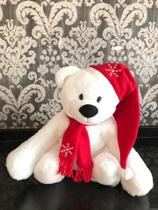 Urso Branco Decorativo Com Gorro e Echarpe Vermelho Natal 34 cm BT1638 - Tok Da Casa