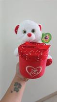 Urso Caco Branco de Pelúcia 21 cm com Coração Brilhante 'I LOVE YOU' - Presente Especial