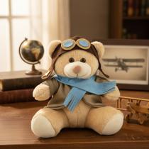 Urso De Pelúcia Aviador Caramelo/azul 25cm Decoração