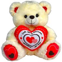 Urso De Pelúcia Com Coração Eu Te Amo Creme 30cm Com Laço