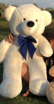 Urso De Pelúcia Gigante Teddy - 90cm Baunilha com Laço Azul - Barros Baby Store
