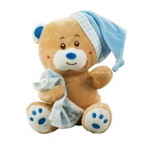 Urso de Pelúcia Sentado Com Chapeu e Naninha Azul 20cm