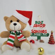 Urso noel de pelúcia com gorro de natal 17cm enfeite decoração natalina