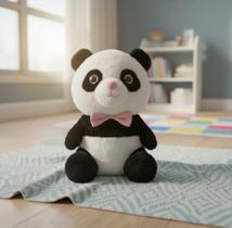 Urso Panda De Pelúcia Fofo Com Gravata Borboleta Rosa Tecido Macio e Antialérgico