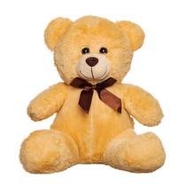 Urso Pelúcia Bege Laço Marrom 30cm Decoração Presente Luxo