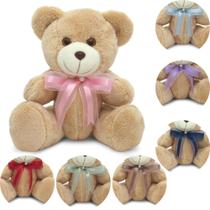 urso pelucia caramelo com laço rosa 20cm sentado ideal para nicho super fofo