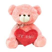 Urso Rosa Com Laço Coração Te Amo 45cm - Pelúcia Rosa