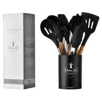 Utensílio Cozinha Silicone Espátulas, Colheres, Kit 12 Peças Preto Madeira Utensílio Cozinha Silicone Espátulas, Colheres, Kit 12 Peças Preto Madeira