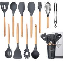 Utensilio Cozinha Silicone Preto e Cabo Madeira Completo 12 Peças Concha Espatula Pegador Resistente ao calor Suporte Pincel Kit Top para presente