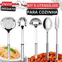 Utensílios Cozinha 5 Peças 100% Inox - Concha Pegador de Massas Colher Garfo e Escumadeira Utensílios Cozinha 5 Peças 100% Inox - Concha Pegador de Massas Colher Garfo e Escumadeira