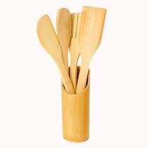 Utensílios de Bambu com Suporte Colher Espátula Garfo 29,5 x 6,5 cm Cozinha Praticidade Estilo Elegante Sustentável Eco