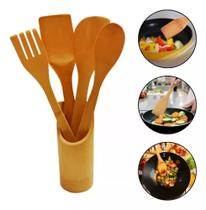 Utensílios De Bambu Pau 5pçs C/ Suporte Anti Risco Ecológico Utensílios De Bambu Pau 5pçs C/ Suporte Anti Risco Ecológico