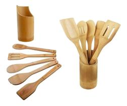 Utensílios De Cozinha Em Bambu Com Suporte Kit 6 Peças