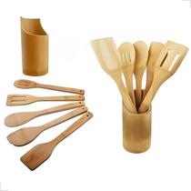 Utensílios De Cozinha Em Bambu Com Suporte Kit 6 Peças