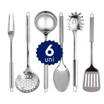 Utensílios de Cozinha Inox Kit Completo Colher Concha Escumadeira Espátula Garfo Pegador