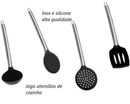 Utensílios de cozinha preto kit 4 unidades silicone e aço inox colher concha espatula escumadeira