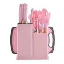 Utensílios De Cozinha Silicone 19 Peças Com Tábua Kit Facas Pink Rosa Utensílios De Cozinha Silicone 19 Peças Com Tábua Kit Facas Pink Rosa