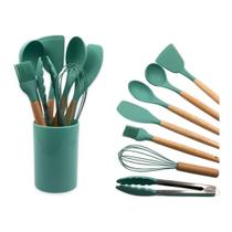 Utensílios De Silicone C/ 8 Peças Cabos Madeira Verde Escuro