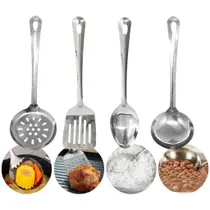 Utensilios para Cozinha INOX 4pçs - Espatula Escumadeira Colher de Arroz Concha Louça Comida Casa KITS:4 PEÇAS