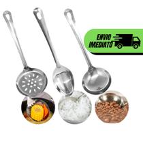 Utensilios para Cozinha INOX 4pçs - Espatula Escumadeira Colher de Arroz Concha Louça Comida Casa