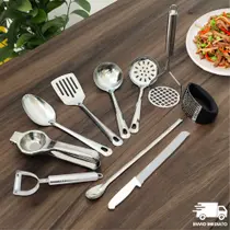 Utensilios para Cozinha INOX 4pçs - Espatula Escumadeira Colher de Arroz Concha Louça Comida Casa