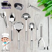 Utensílios para Cozinha Kit 10 Peças Aço Inox Multiuso Escumadeira Concha Fue Amassador Descascador