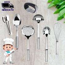 Utensílios para Cozinha Kit 7 Peças Aço InoxMultiuso Colher Escumadeira Concha Fue e Esmagador