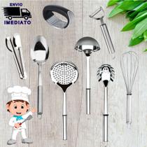 Utensílios para Cozinha Kit 8 Peças Aço Inox Multiuso Colher Escumadeira Concha Fue e Descascador