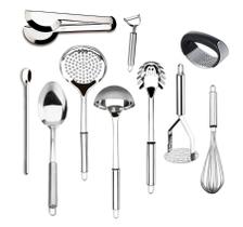 Utensílios para Cozinha Kit Completo Aço Inoxidável Multiuso Jogo Colher Escumadeira Concha Pegador de Massa Fue Amassador e Garfo