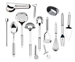 Utensílios para Cozinha Kit Completo Aço Inoxidável Multiuso Jogo Colher Escumadeira Concha Pegador de Massa Fue Amassador e Garfo Utensílios para Cozinha Kit Completo Aço Inoxidável Multiuso Jogo Colher Escumadeira Concha Pegador de Massa Fue Amassador e Garfo