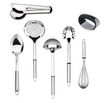Utensílios para Cozinha Kit Completo Aço Inoxidável Multiuso Jogo Colher Escumadeira Concha Pegador de Massa Fue Amassador e Garfo - SQ