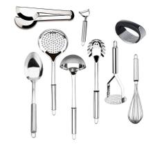 Utensílios para Cozinha Kit Completo Aço Inoxidável Multiuso Jogo Colher Escumadeira Concha Pegador de Massa Fue Amassador e Garfo