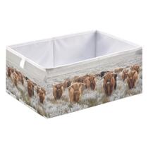 Vaca das terras altas escocesas em um inverno natural dobrável Caixas de armazenamento abertas, berçário de brinquedo dobrável Cesta de armazenamento Compartimento de pano Cubo Organizador retangular com alças para prateleiras Closet Home Decor