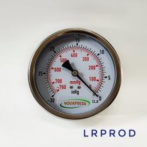 Vacuômetro horizontal - diam.100mm (4” ) com escala de -30 inHg x -760 mmHg - com Glicerina