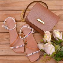 Valentina Rosa Kit Sandália Rasteira de brilho strass e Bolsa Clutch mini Bag Super tendência