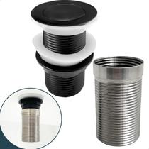 Valvula Click Preta 1 1/4 E Prolongador Inox Pia Banheiro Cuba de Apoio Sobrepor Ralo Pia Lavatorio Valvula Longa 14cm Tampa Pequena Kit Lavabo