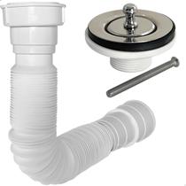 Válvula de Escoamento Para Lavatório Saída Dagua ⅞ Com Parafuso Tampa Inox Polido E Sifão Sanfonado Flexível Extensível Pvc Branco Kit Banheiro
