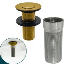 Válvula Dourada Longa ⅞ Cuba De Apoio Sobrepor 14cm Ralo De Pia Dourado Brilhoso Banheiro Lavabo Prolongador Inox Extensor De Válvula Click 30mm