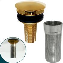 Valvula Dourada Para Cuba De Apoio Sobrepor Com Prolongador 14cm Ralo de Pia ⅞ para Banheiro Cuba de Apoio Bancada Grossa Valvula Click Gold
