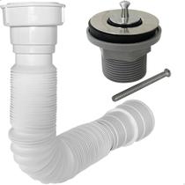 Válvula Escoamento Universal Para Lavatório Com Sifão Sanfonado Flexível Ralo Pia Tampa Alta Vedação ⅞ e 1 14 E Sifão Pvc Branco Kit Banheiro