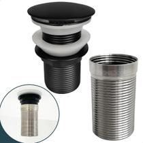 Valvula Preta Longa Com Prolongador 14cm Para Cuba De Apoio e Sobrepor 1 1/4 Ralo Pia Banheiro Black Valvula Click Escoamento Bancada Grossa Granito