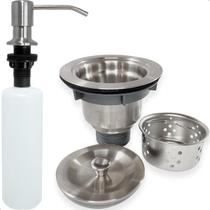 Valvula Ralo Pia Cozinha 4 1/2 E Dispenser Dosador 350ml Inox Escovado De Embutir Kit Porta Detergente E Ralo Higienico Com Cesto Escoamento Cuba