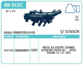 Válvula Termostática BK311C-82 Ford Courier Escort Fiesta Ka Ecosport Focus 1.0 1.6 Gas. 02/ Zetec Rocam Carcaça Sem Sensor - 2S6G8A586B1A -
