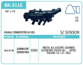 Válvula Termostática BK311E-100 Ka Escort Fiesta Courrier Ecosport Focus 1.0 1.6 02/ Sem Sensor Com Carcaça Plástica - XS6E9K478F - 5SG8575BA -