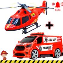Van Furgão+ Helicóptero Bombeiro e Polícia Kit de Brinquedos Emergência Infantil para Menino