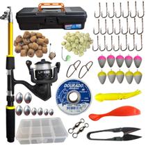 Vara com Molinete Completo Kit Tralha de Pesca Anzol Maleta Iscas Massa Soft Estojo Organizador com 300 Anzóis