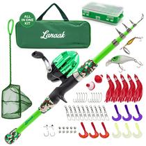 Vara de pesca e caixa de equipamento Lanaak Kids com rede, bolsa, bobina verde