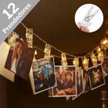 Varal Cordão Pregador Luminoso LED Decorativo Foto Luz Amarela Enfeite Mural Decoração Fio Prendedor 12 Leds 2 Metros Branco Quente