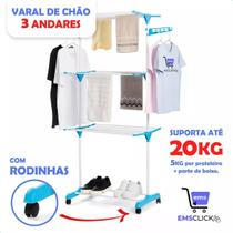 Varal De Chão 3 Andares Dobrável Retrátil Aço 4 Rodas Cor Azul Varal De Chão 3 Andares Dobrável Retrátil Aço 4 Rodas Cor Azul